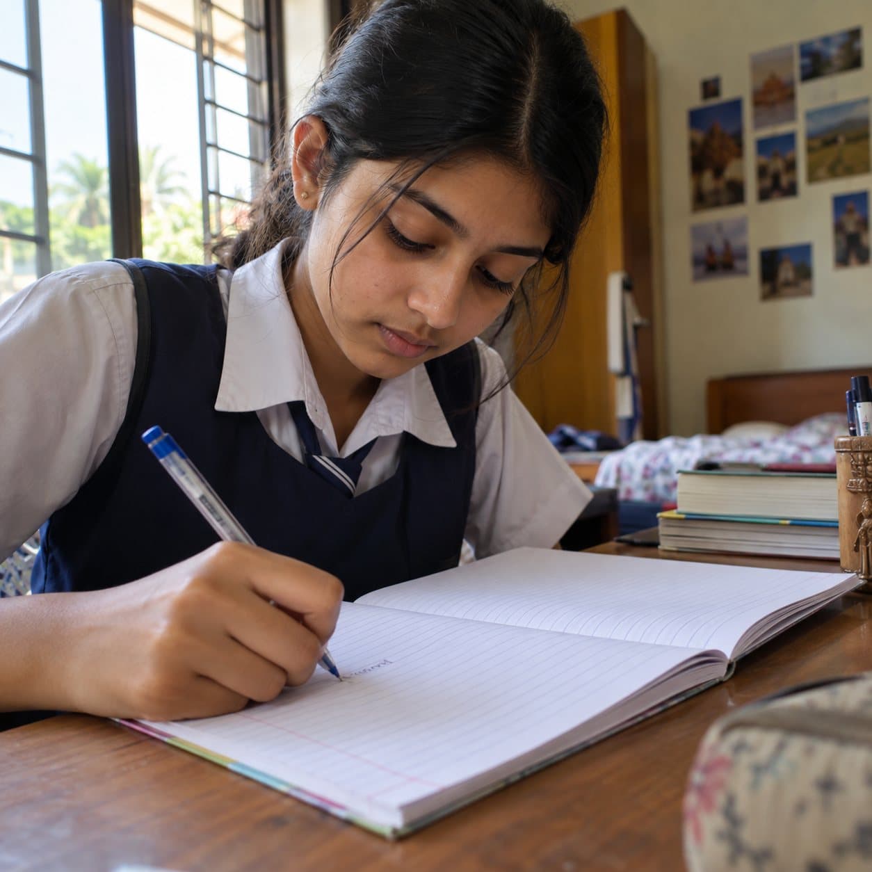 A Class 9 student writing notes at a desk