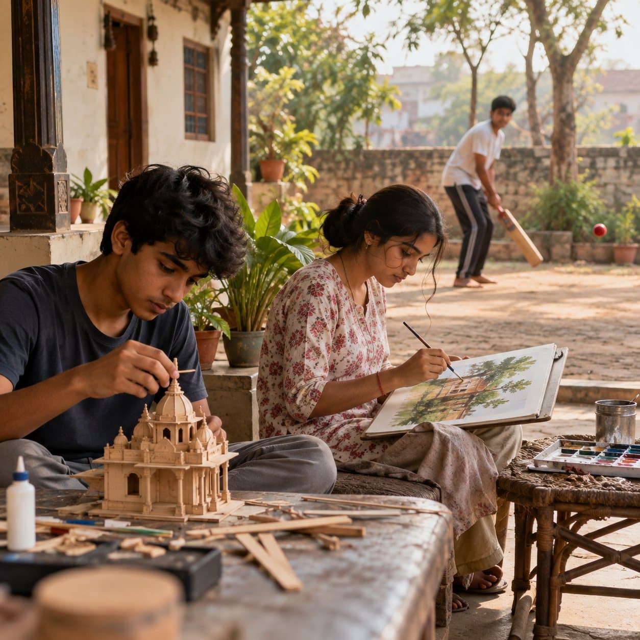 A student building a project model at home