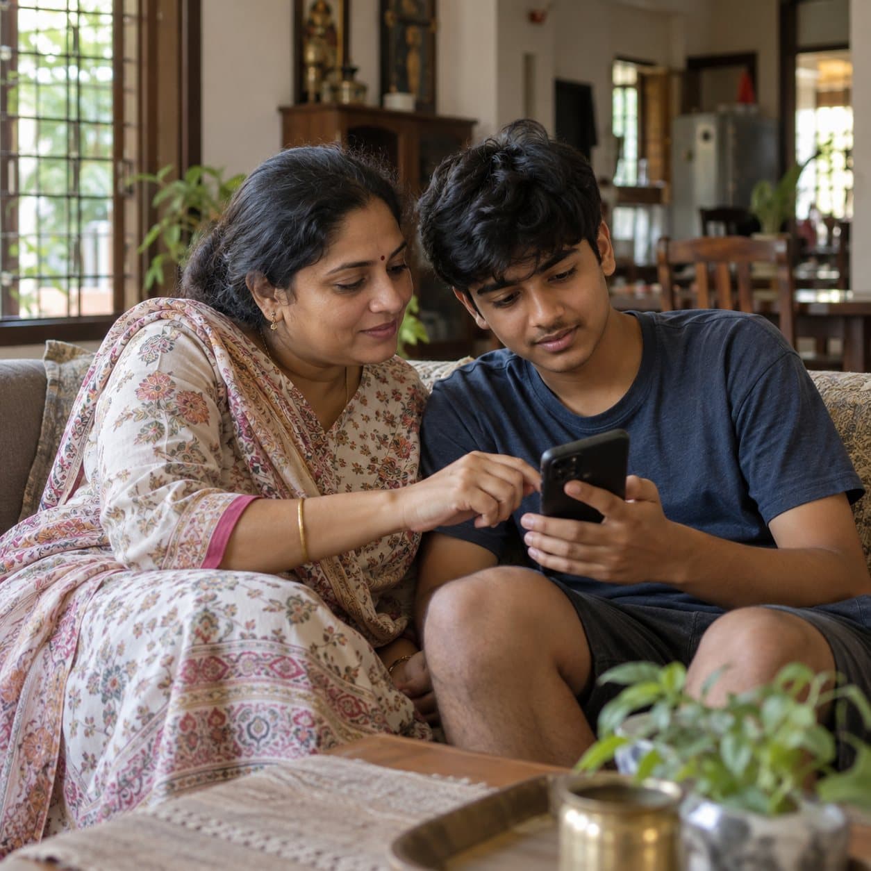 A parent and student exploring careers together on a phone at home