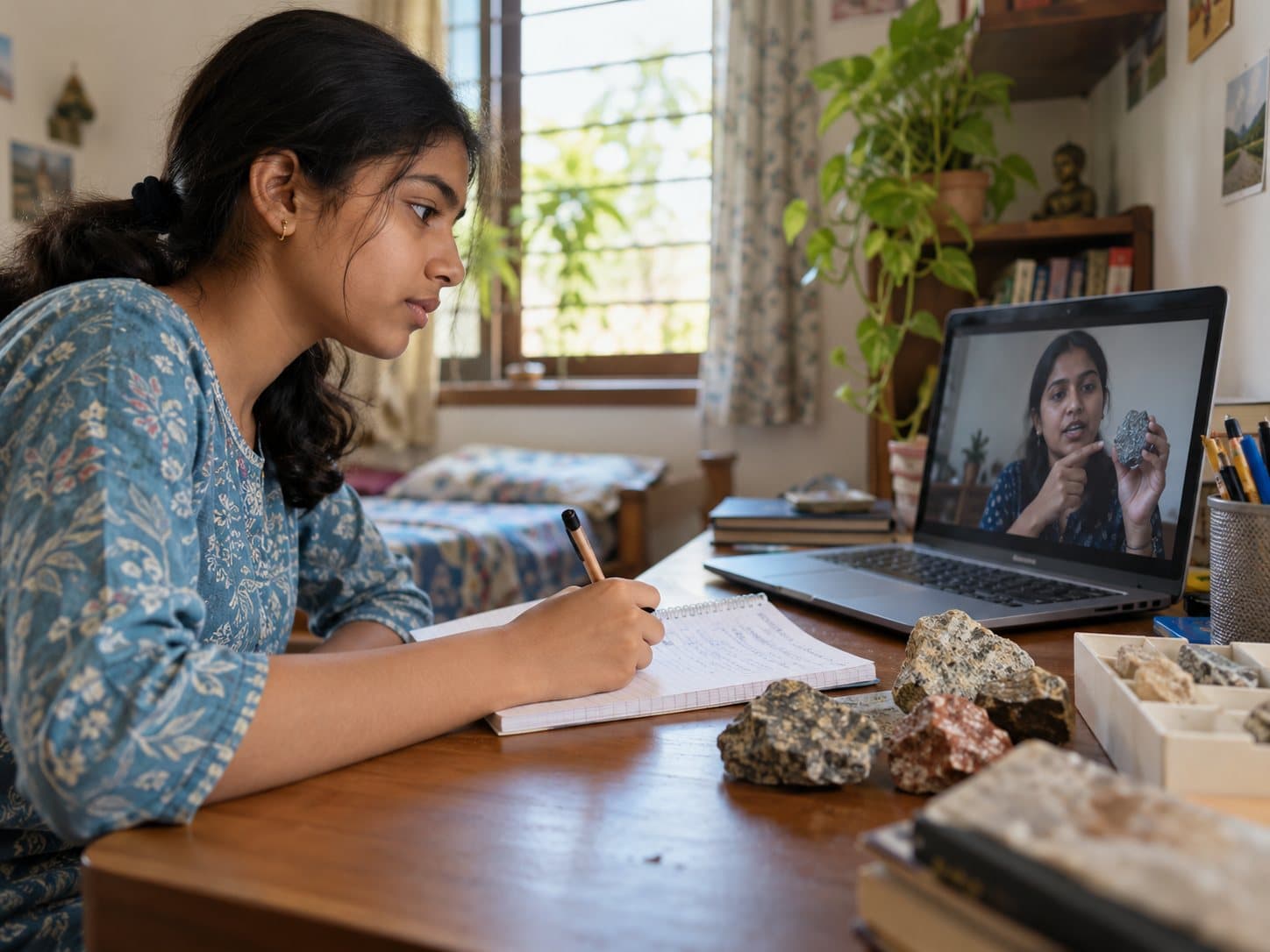 A student taking notes during an online geology class, rock samples on her desk