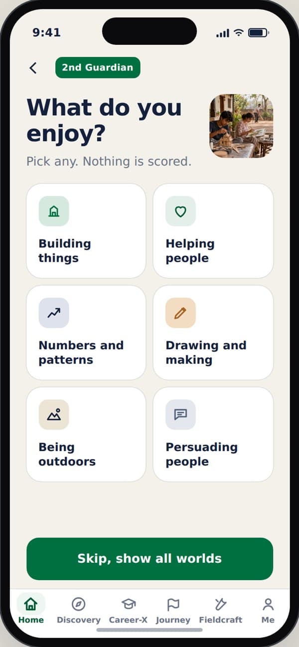 Career Discovery app screen: pick what you enjoy