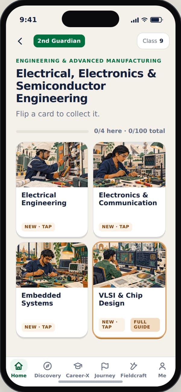 Career Discovery app screen: collect career cards
