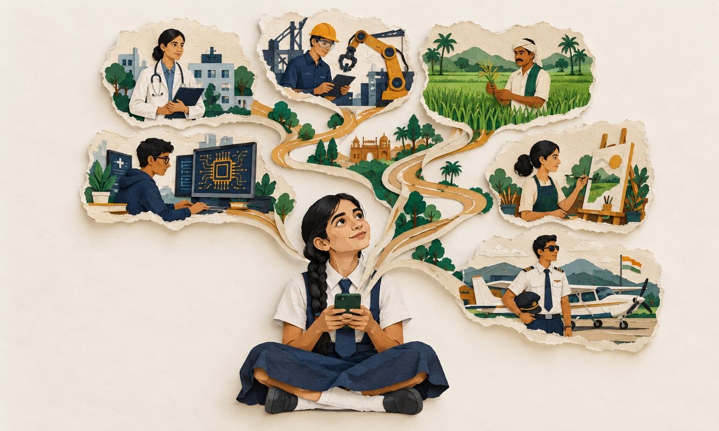 A student with a phone, careers rising from it: doctor, engineer, farmer, chip designer, artist and pilot